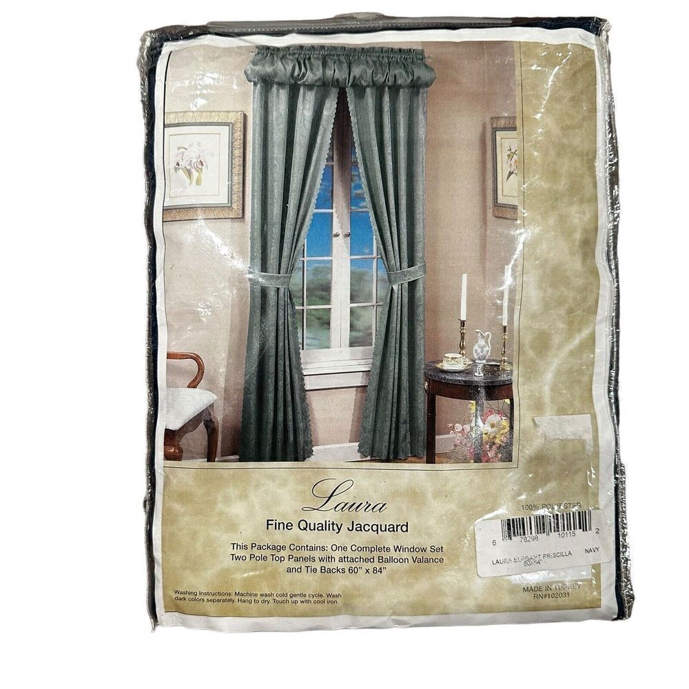 Laura Elegant Priscilla Jacquard Navy Blue Curtains Set Panels Valance 60x84”